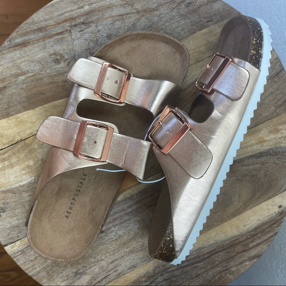 Aeropostale l 8 “Arizona” Style Metallic Rose Gold Double-Strap Slide Sandals